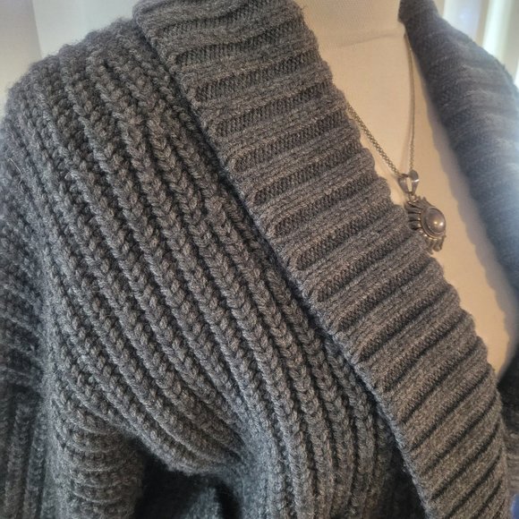Anthropologie Deep V Cardigan Sweater Button Gray Carbon Oversized Chunky Knit - Picture 2 of 12